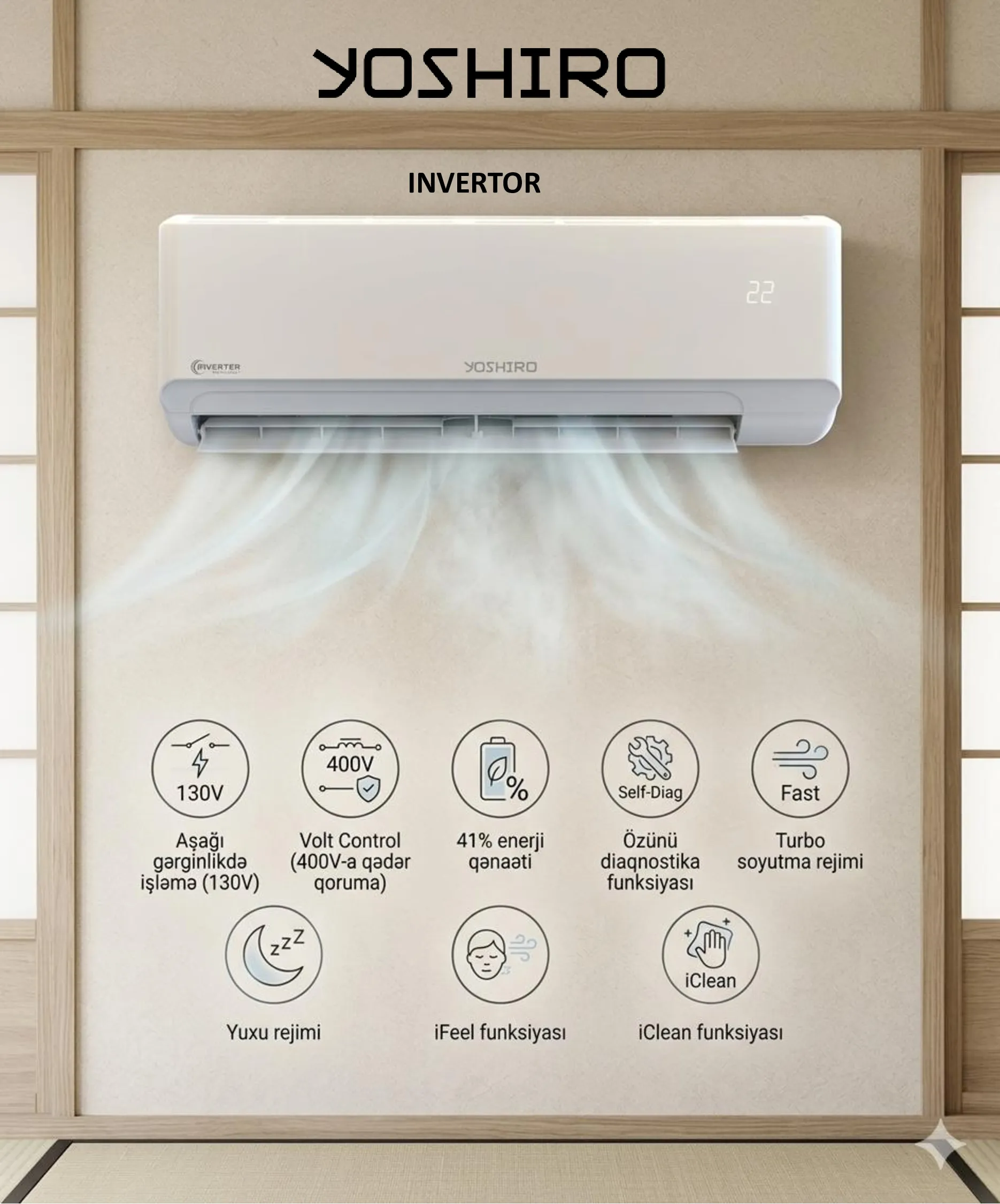 kondisioner yoshiro yac-c24in800w inv-kit, 24000 btu, İnverter, 70–80 m²_image